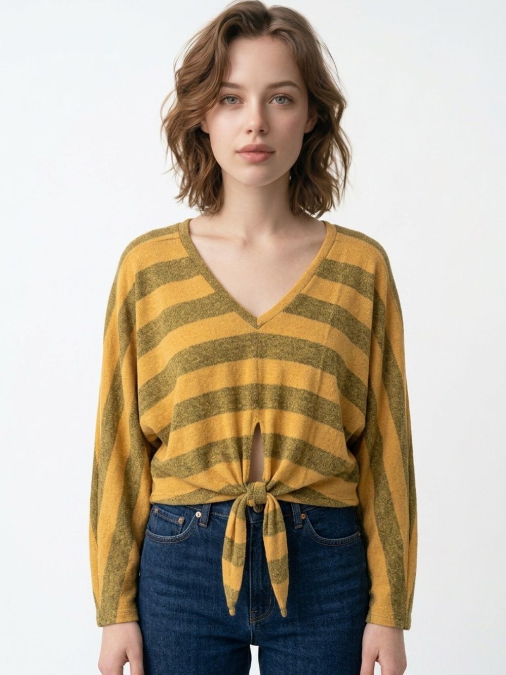 STYLE RACK | NWT Oversized Yellow Stripe V-Neck Tie Front Top Women’s Size Small